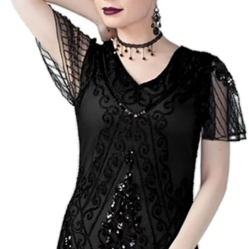 1920s Flapper Black Beaded Fringe High-Low Dress